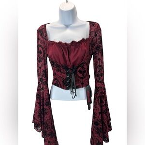 Goth Bell Sleeve Burgundy Crop Top Lace-up Waist Emo Grunge Polyester Size Small